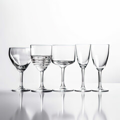 Set of empty different wine, cocktail glasses isolated on a white background