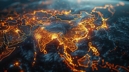 Digital map of Asia, concept of global network and connectivity, data transfer and cyber technology, business exchange, information and telecommunication