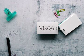There is word card with the word VUCA. It is an abbreviation for Volatility, Uncertainty,...
