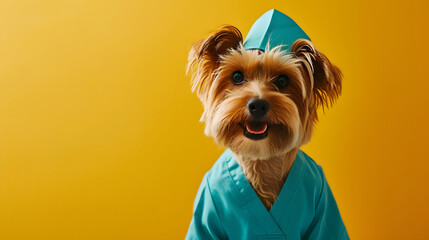 Cute brown Maltese dog wearing a nurse's uniform on a bright yellow background with copy space - obrazy, fototapety, plakaty