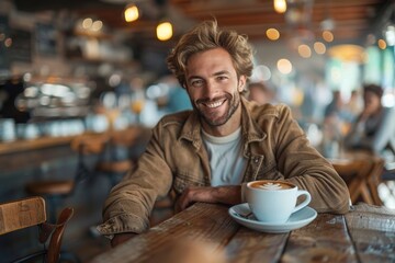Handsome bearded man smiling directly at the camera, comfortably sitting in a cafe with a cup of coffee on the table