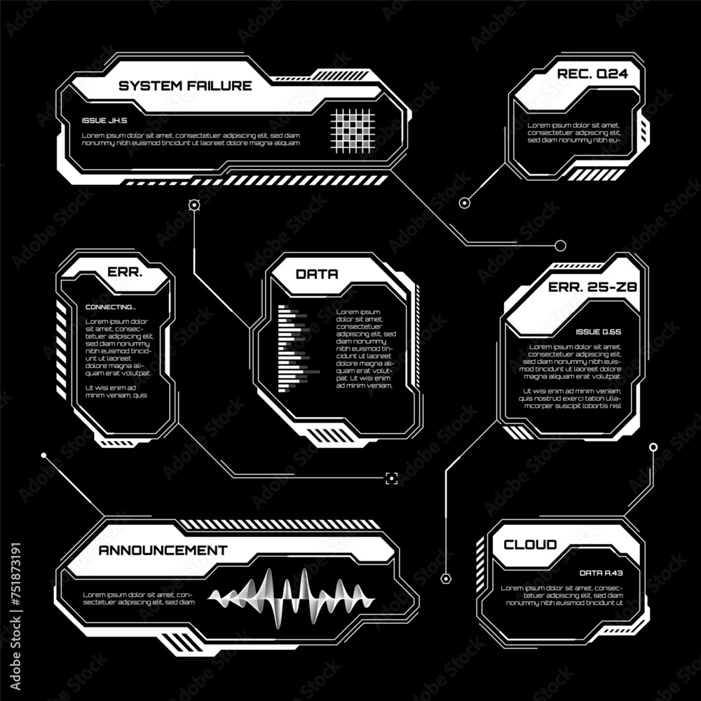 Poster white futuristic hud, ui elements. sci-fi user interface text boxes, callouts. warning message frame