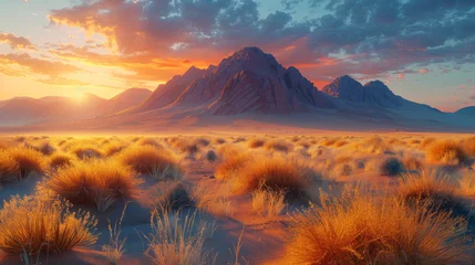 Photo sur Plexiglas Matin avec brouillard Wide panorama of a stone desert at sunrise in haze of soft sunlight, mountain landscape of Spitzkoppe hills, Namibia. Travel to wildlife of Africa, extreme tour, adventures to wilderness.