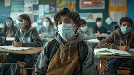 Fototapeta na wymiar safety middle school with masks
