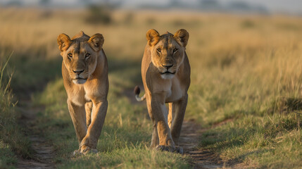 Lionesses at Dusk in the African Savannah, Two lionesses in the warm glow of the sunset in the open grasslands, lions in Kenya safari