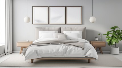 An airy, modern bedroom with a light grey upholstered bed, crisp white bedding, and a walnut nightstand. Three blank wall frames hang symmetrically above the bed,