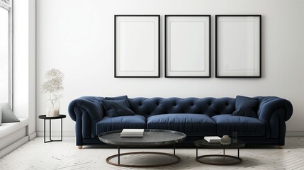 A minimalist living room featuring a deep blue velvet sofa, 