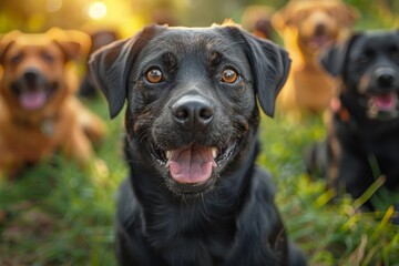 Obraz premium A joyful black dog with a group of other dogs in a grassy area
