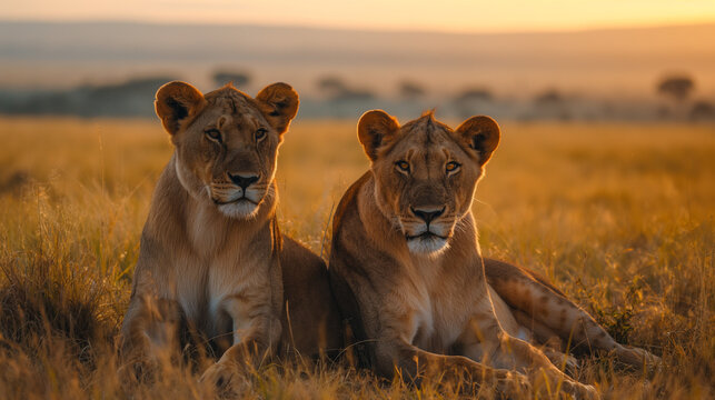 Lionesses at Dusk in the African Savannah, Two lionesses in the warm glow of the sunset in the open grasslands, lions in Kenya safari