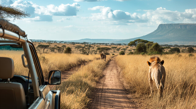 Lions on Safari Pathway, Two lions stroll down a dusty trail with a safari jeep observing nearby