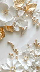 3D embossed paper-cut style floral background in white and golden