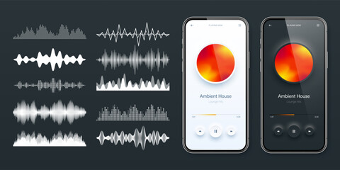 Online audio player user interface, smartphone app UI design. Music, media streaming and listening platform. Responsive mobile application. Neumorphism. Various sound waves. Vector illustration