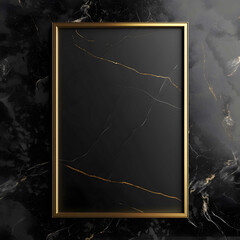 Empty thin gold frame on black marble wall background