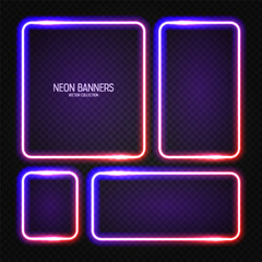 Glowing neon banners, illuminated colorful square frames. Shiny vibrant border, glow effect. Violet vintage retro lights, night illumination. Modern futuristic UI design elements. Vector illustration