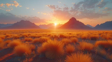 Tableaux sur verre Couleur saumon Wide panorama of a stone desert at sunrise in haze of soft sunlight, mountain landscape of Spitzkoppe hills, Namibia. Travel to wildlife of Africa, extreme tour, adventures to wilderness.