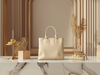 Mockup of a cream-colored luxury blank tote bag with small hooks that add an exclusive feel and abstract-themed embellishments. The room is marbled and has aesthetic walls with texture. AI Generated.