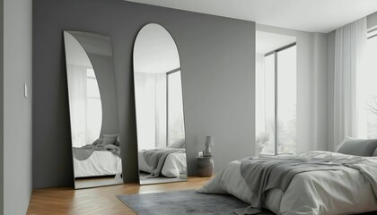  full sized body mirror next to a window in a bedroom in a home in gray tone created with generative ai. - obrazy, fototapety, plakaty