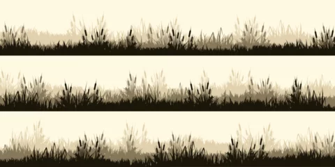 Schilderijen op glas Meadow silhouettes with grass, plants on plain. Panoramic summer lawn landscape with herbs, various weeds. Herbal border, frame. Nature background. Brown horizontal banner. Vector illustration © 32 pixels
