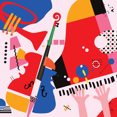 Modern music poster with abstract and minimalistic musical instruments assembled from colorful geometric forms and shapes. Vibrant musical collage with trumpet and piano	
