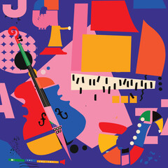 Multicolored hand-drawn jazz music session poster. Artsy promo flyer or invitation. Colorful concert event doodle background with musical instruments	 - 751877322