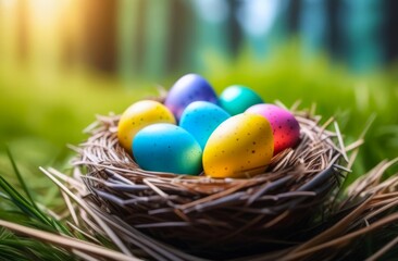 bird’s nest cradling 7 Easter eggs, blurred trees in background. concepts: Easter celebration, Easter background, Easter celebration, springtime scenery, holiday decorations in natural settings