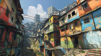 Fototapeta premium A bustling shanty town with vibrant multicolored buildings juxtaposed against modern city skyscrapers in the background