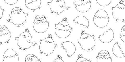 Easter chick seamless pattern, chicken egg background line art, funny baby bird outline design, cute little animal print. Cartoon vector illustration © Sylfida