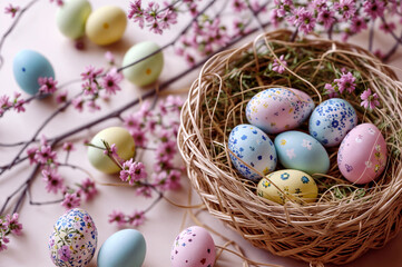 Fototapeta na wymiar A festive display of colorful, hand-painted Easter eggs nestled among delicate spring blossoms - Generative AI
