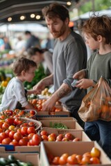 A family shopping with reusable bags and containers at a local farmers' market, choosing organic produce for sustainable living.