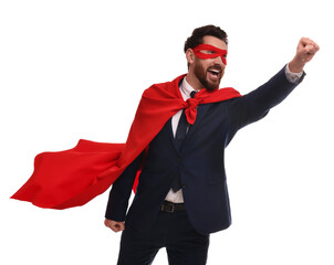 Obraz na płótnie Canvas Emotional businessman wearing red superhero cape and mask on white background