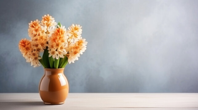 Blooming orange hyacinths in a vase standing on the side. Empty background in a vintage, charming style. Generative AI