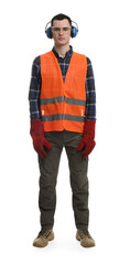 Young man wearing safety equipment on white background