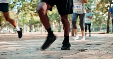 Group, legs and runners for fitness, exercise and training in park for urban marathon club in Miami. Diversity, people and sneakers for cardio, health and wellness as workout, practice and sport