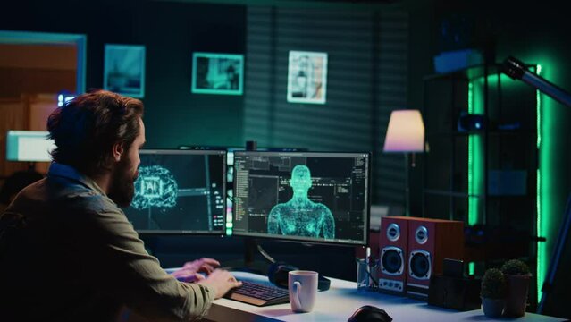 Self aware AGI AI gaining humanoid form inside cyberspace, waving hand, shocking man while drinking coffee. Artificial intelligence becoming sentient, flustering admin spamming keyboard, camera B