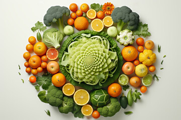 Green and orange colored vegetables and fruits in circular composition on white background - obrazy, fototapety, plakaty