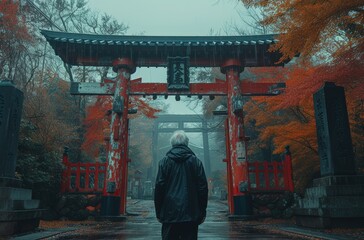 A solitary individual wearing a hood stands contemplatively before an ancient, vermilion torii gate, surrounded by autumn's hues