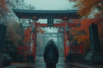 Tuinposter A solitary individual wearing a hood stands contemplatively before an ancient, vermilion torii gate, surrounded by autumn's hues © Nena Ai