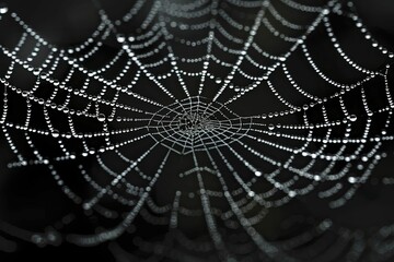 A dew-kissed spider web on a black backdrop reveals intricate patterns up close.
