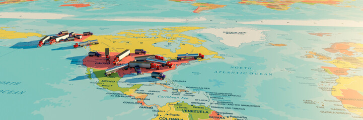 Abstract Collision of Transport Trucks Overlaid on North American Map
