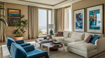 Living room furnished with a white sofa and blue armchair, adorned with captivating posters on the walls