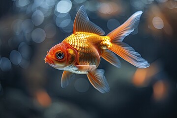 A single goldfish, vibrant in orange against a dark backdrop, fills the close-up frame.