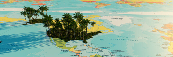 Surreal Tropical Palm Trees Over a Map of the North Atlantic Ocean © juanjo