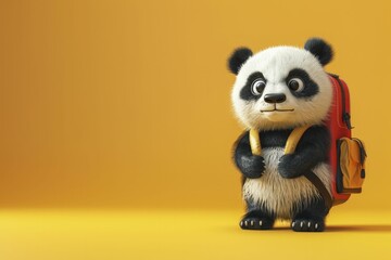 Fototapeta premium Cute 3D panda with a backpack on a sunny yellow background, ready for school adventure.