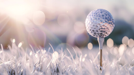 golf ball on tee in a beautiful golf course with morning sunshine.Ready for golf in the first short - obrazy, fototapety, plakaty