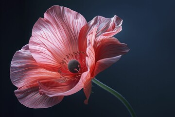 Capturing a blooming flower in macro, its petals dramatically unfurl against a black background.