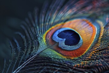 Obraz premium A vibrant peacock feather in macro, details vivid against the dark backdrop, pops beautifully in the shot.