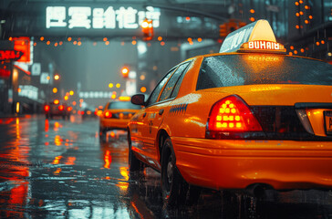 Nighttime scene of a yellow taxi cab brightly lit up among a rain-soaked street with neon signs and a moody atmosphere