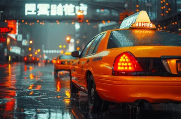 Poster Nighttime scene of a yellow taxi cab brightly lit up among a rain-soaked street with neon signs and a moody atmosphere © Nena Ai