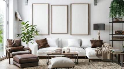 Obraz premium Cozy sofa and chocolate armchair harmonize in a living room adorned with blank posters on the wall