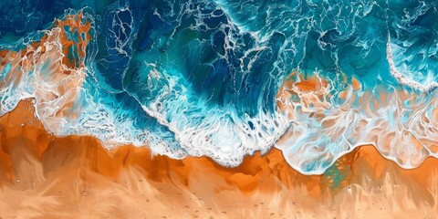 Illustration of Aerial View of Turquoise Waves on Sandy Beach, a Painted Artistic Impression in Horizontal Orientation. Generative AI
